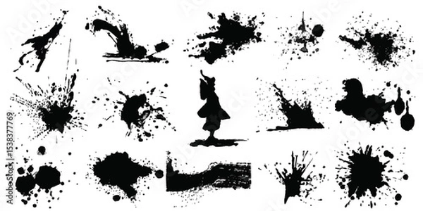 Fototapeta ink blots and splats. graphics of black spots of various shapes and sizes on an isolated background