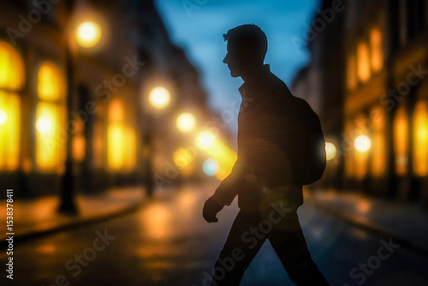 Fototapeta Pedestrian Safety at Night. Silhouette of pedestrian crossing dark city street at night with blurred bokeh lights, concept for road safety and accident prevention