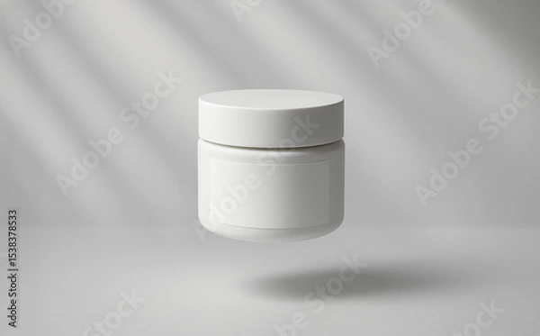 Fototapeta White cosmetic jar mockup with blank label for clean minimalist packaging design floating in air perfect for beauty product branding presentation