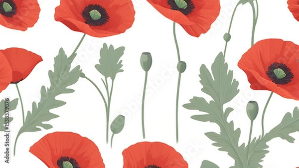 Fototapeta Vibrant Poppy Flower Seamless Pattern Red Poppies and Buds Illustration