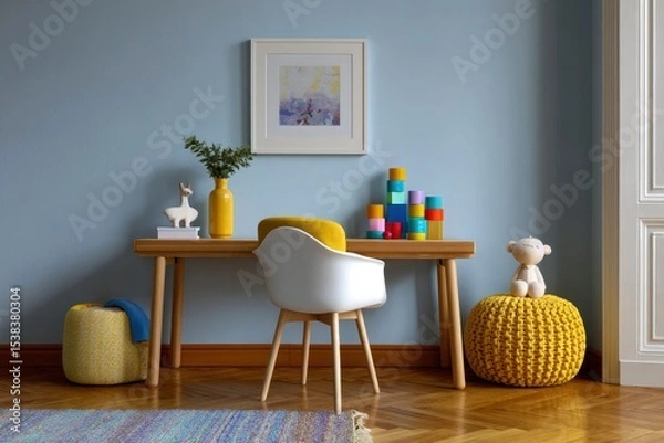Fototapeta Childs room setup with a light wooden desk white chair yellow accents  colorful blocks against a blue wall