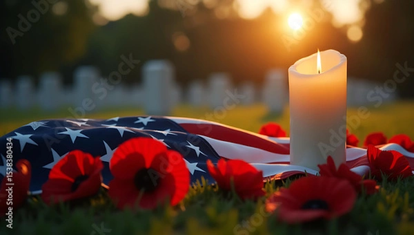 Fototapeta Remembering the Fallen A Sunset Remembrance with Poppies and Candle