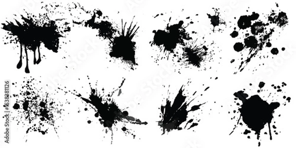 Fototapeta ink blots and splats. graphics of black spots of various shapes and sizes on an isolated background