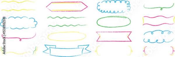Fototapeta Hand-drawn colorful decorative frames and dividers set. Collection of doodle style borders, arrows, curly brackets, banners, and clouds. Ideal for scrapbooking, note design, invitations, and digital a