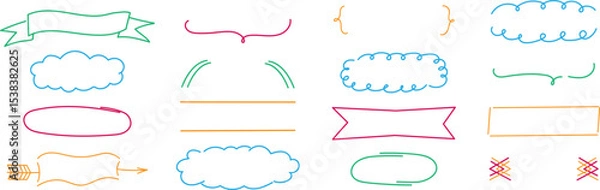 Fototapeta Hand-drawn colorful decorative frames and dividers set. Collection of doodle style borders, arrows, curly brackets, banners, and clouds. Ideal for scrapbooking, note design, invitations, and digital a