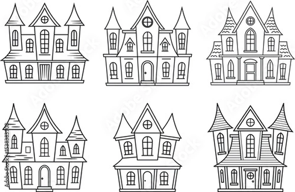 Fototapeta Set of Spooky Haunted House Line Art Vector Illustrations for Halloween and Horror Themes