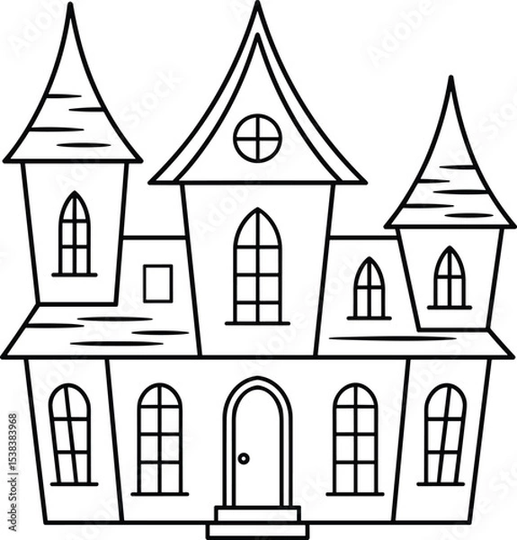 Fototapeta Haunted House Line Art Vector Illustration with Gothic Towers and Arched Windows
