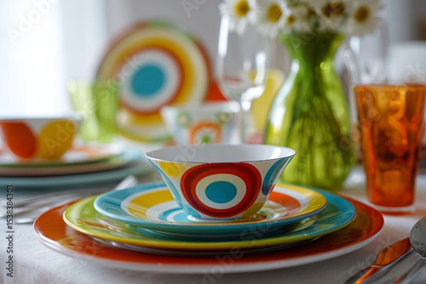 Fototapeta colorful tableware set, pop art plates and bowls, bold concentric circles, red yellow green blue accents, modern table setting, minimal white background, bright natural light