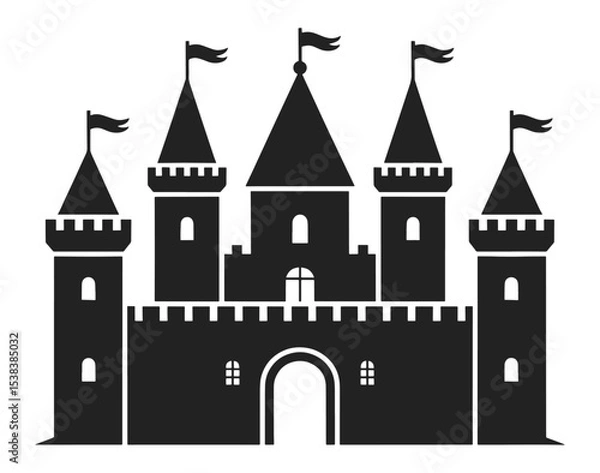 Fototapeta Silhouette of simple fairytale castle with towers, battlements, and flags, vector illustration. Symmetrical medieval fortress design featuring central arched gate.