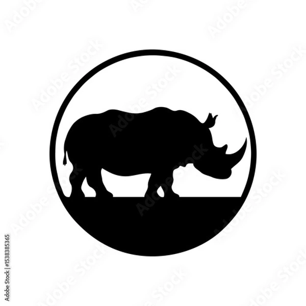 Fototapeta Minimalist Black and White Digital Illustration of a Rhinoceros Silhouette Set Against a Circular Background
