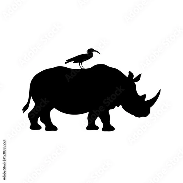 Fototapeta Elegant Black and White Digital Art of a Rhinoceros and Bird in Silhouette: A Minimalist, Simple, and Clean Wildlife Illustration