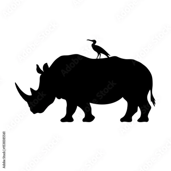 Fototapeta Minimalist Digital Art of a Rhinoceros in Black Silhouette with a Bird on Top: A Simple and Abstract Wildlife Composition