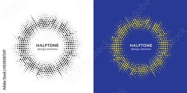 Fototapeta Set of black halftone grunge circle. Vector modern dots halftone arts. Halftone circle frame background set. Round border Icon using halftone random circle. Grunge circular stain. Vector illustration.