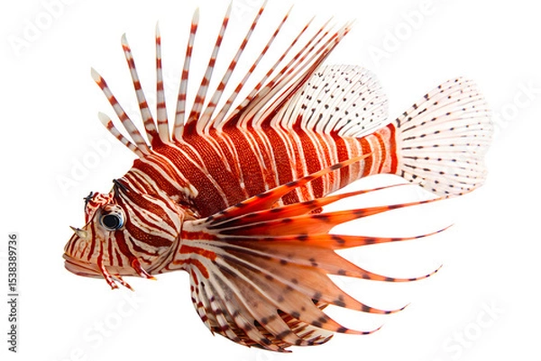 Obraz A vibrant red lionfish with long, spiky fins swims gracefully. The fish displays striking stripes and a unique shape, set against a transparent background.