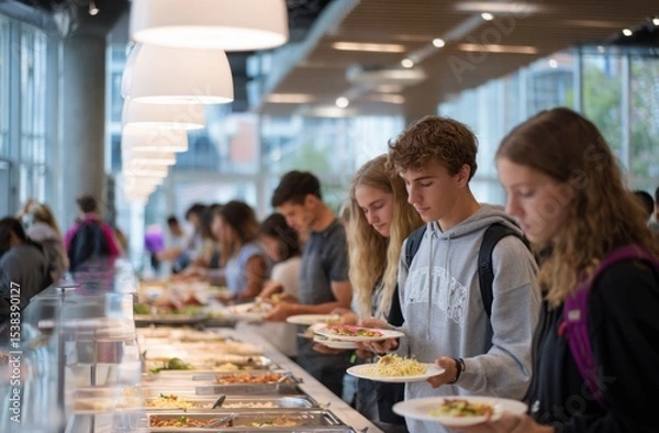Fototapeta Students gather at a buffet-style cafeteria, selecting meals from a variety of food options.
