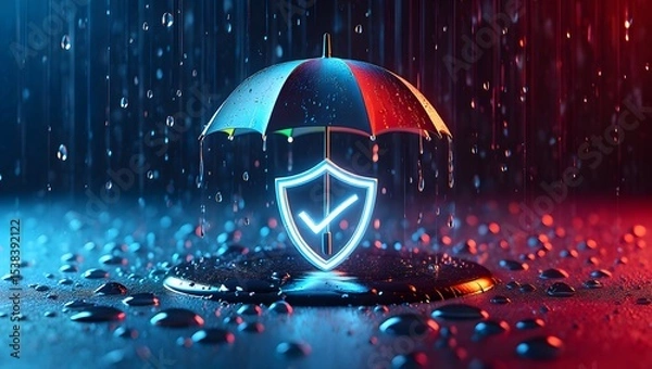 Fototapeta Futuristic tech insurance concept. Shield protected by umbrella. Checklist design. Modern tech design. Safe, secure cover. Safe policy. 3D illustration. Dark background. Digital plan. Covering needs.