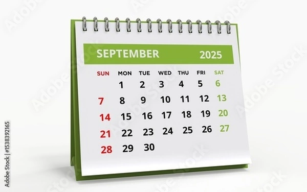 Fototapeta Standing Desk Calendar September 2025. Business monthly calendar with metal spiral-bound, the week starts on Sunday. 