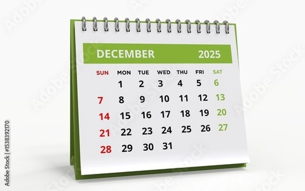 Fototapeta Standing Desk Calendar December 2025. Business monthly calendar with metal spiral-bound, the week starts on Sunday. 