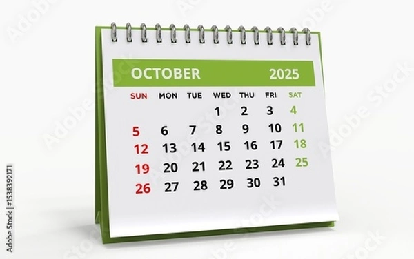 Fototapeta Standing Desk Calendar October 2025. Business monthly calendar with metal spiral-bound, the week starts on Sunday. 