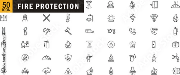 Obraz Fire protection icon pack. Fire safety symbols, fire extinguisher, emergency exit, fireproofing, rescue tools, suppression systems.