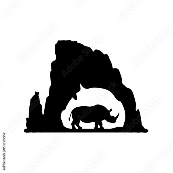 Fototapeta Surreal Digital Art of a Dramatic Rhino Silhouette Against a Rocky Arch Formation – Moody Atmospheric Lighting and Cinematic Composition in Photorealistic 4K