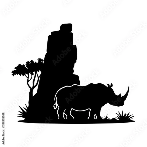Fototapeta Monochrome High-Contrast Wildlife Illustration of a Rhinoceros in the African Savanna – Silhouetted Acacia Tree and Detailed Landscape in the Background