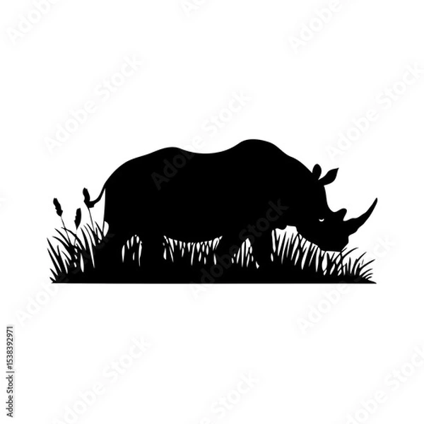 Fototapeta “Minimalist Black and White Rhino Silhouette – Dark Shape in Grass, Simple Graphic Wildlife Illustration in a Natural Landscape