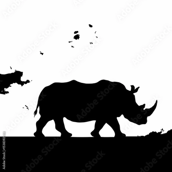 Fototapeta Dramatic Black and White Illustration of a Rhinoceros Silhouette Walking Through a Detailed Natural Landscape – Moody Atmosphere with Cinematic Lighting and Intricate Environmental Details”