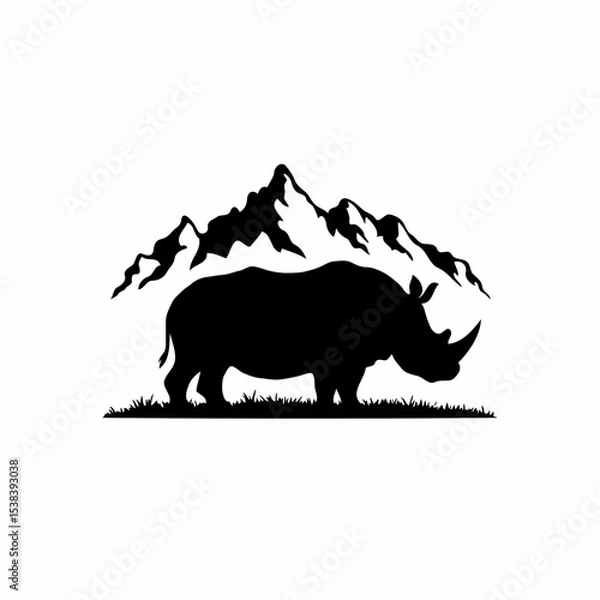 Fototapeta Majestic Rhinoceros Silhouetted Against a Mountainous Landscape – Detailed Black and White Illustration Featuring Intricate Linework, Minimalist Design, and Geometric Shapes with Stark Contrast and Sh