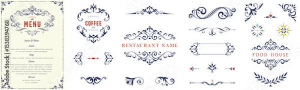 Fototapeta Ornate elements, frames, labels, scroll, floral motifs. For wedding invitations, menu, packaging, stickers, business and greeting cards, diplomas, certificates. 