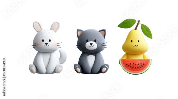 Obraz Cute cartoon animals including a rabbit, cat, and fruit character against a simple background