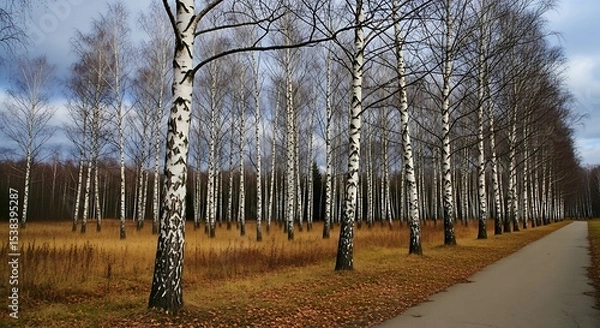 Obraz Birch Trunks in Autumn Array: A Serene Path Through Bare Trees