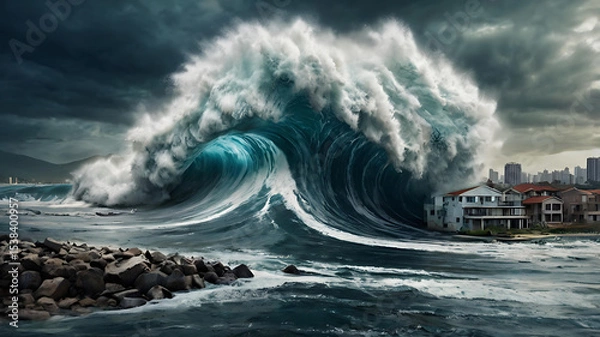 Fototapeta Immense Ocean Wave Crashing Near Coastal City A Powerful Visual of Nature's Fury