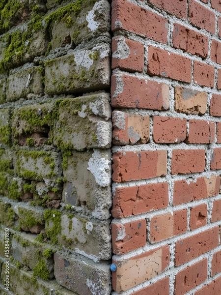 Fototapeta a close-up of two brick walls meeting at a corner. The left wall is old, covered in moss with rough cement, while the right wall looks newer with red bricks and fresh mortar.