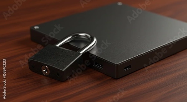 Fototapeta External hard drive and small device on wooden surface