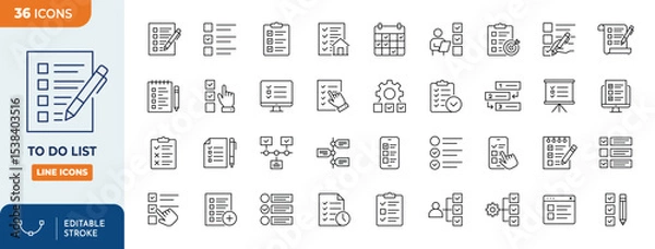 Obraz To do list line editable icon set. Contain icons related to checklist, plan, task, to do list, and more. Editable stroke. Vector illustration