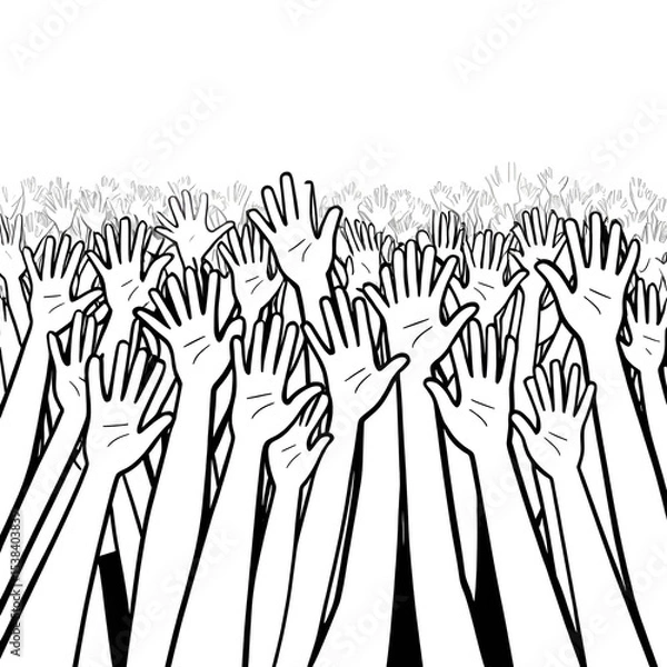 Fototapeta Raised hands. Teamwork, collaboration, voting, volunteering concert. Applause hand drawn. Vector illustration