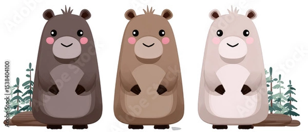 Obraz Three adorable cartoon animals standing together in a forest setting, showcasing their unique colors and expressions