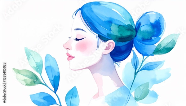 Obraz 目を閉じる女性の顔と青色の植物、メンタルヘルスとセルフケアの水彩画風イラスト素材、生成AI画像