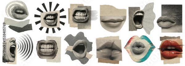 Obraz Collage of lips and mouths expressing different emotions, including screaming, talking, and smiling, on transparent background, PNG format