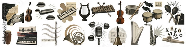 Obraz Collage featuring musical instruments like piano, violin, saxophone, and drums alongside musical symbols on a transparent background