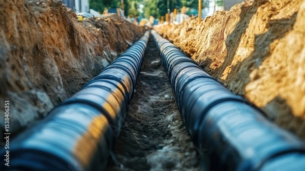 Obraz Modern construction of insulated pipes laid in trench for district heating system supplying residential buildings. Engineering infrastructure for urban home. Pipeline technology, thermal efficiency, i