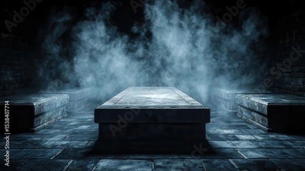 Fototapeta Underground crypt dungeon with foggy air, floating ghostly spirits, and rows of decayed coffins