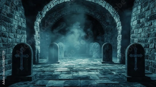 Fototapeta Underground crypt dungeon with foggy air, floating ghostly spirits, and rows of decayed coffins