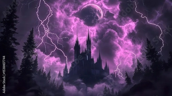 Fototapeta Dark enchanted storm forming over a haunted castle, swirling purple clouds, eerie lightning illuminating the gothic structure