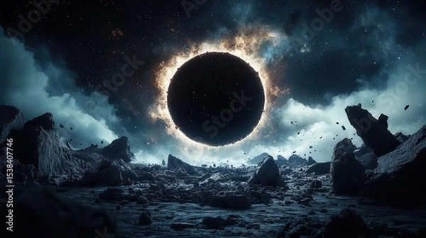 Fototapeta Abandoned space station drifting near a black hole, warped gravity pulling pieces apart