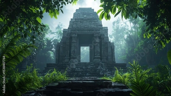 Fototapeta Deep jungle temple overgrown with glowing vines, hidden beneath layers of mist and ancient magic