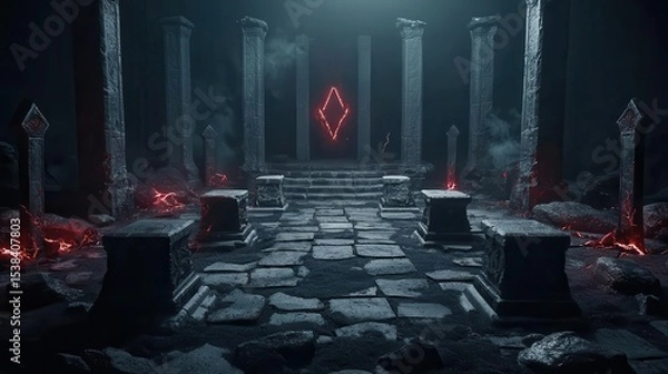 Fototapeta Sacrificial dungeon with bloodstained altars, demonic statues, and arcane symbols glowing with dark energy