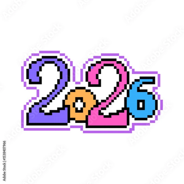 Fototapeta 2026 written in pixel art font, design element for Happy New Year holiday cards, party invitations, banners, flyers, posters, stickers, prints