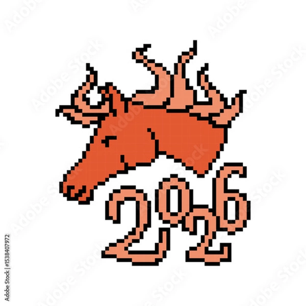 Fototapeta 2026, Year of the Fire Horse vector pixel art design. Graphic element for Chinese New Year holiday cards, party invitations, banners, flyers, posters, stickers, prints.